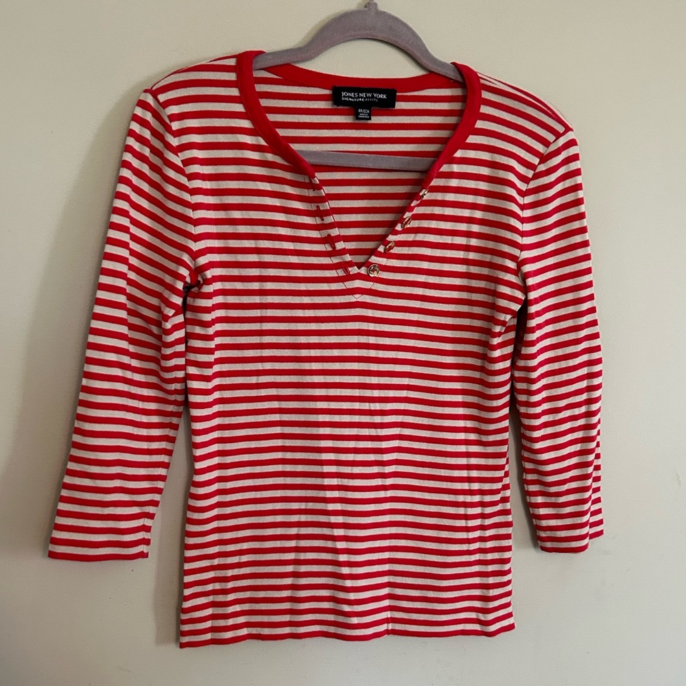 Jones New York Signature Petite Red Striped 3/4 Top Women’s Size Petite PP (XS)